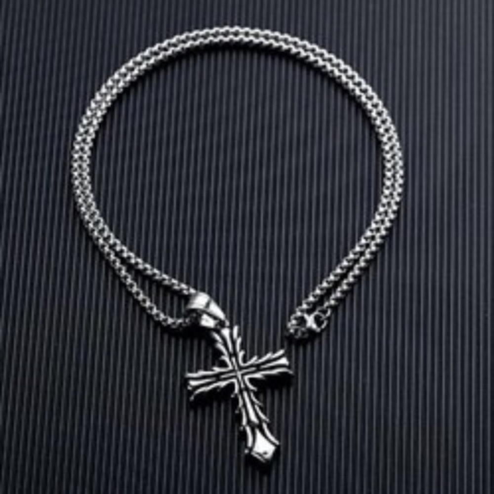 Necklace‎ Mens Titanium Stainless Steel Cross Pendant Silver Necklace 24"